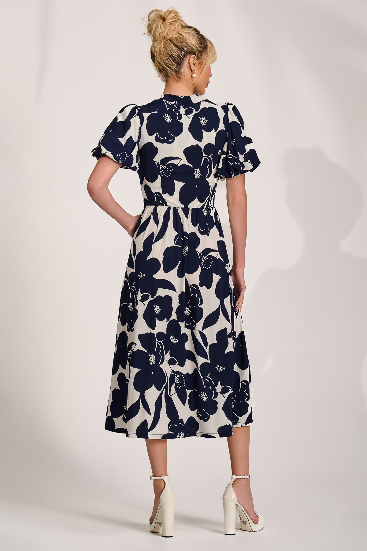 Turtle Neck Puff Sleeve Jersey Midi Dress cream floral Back View