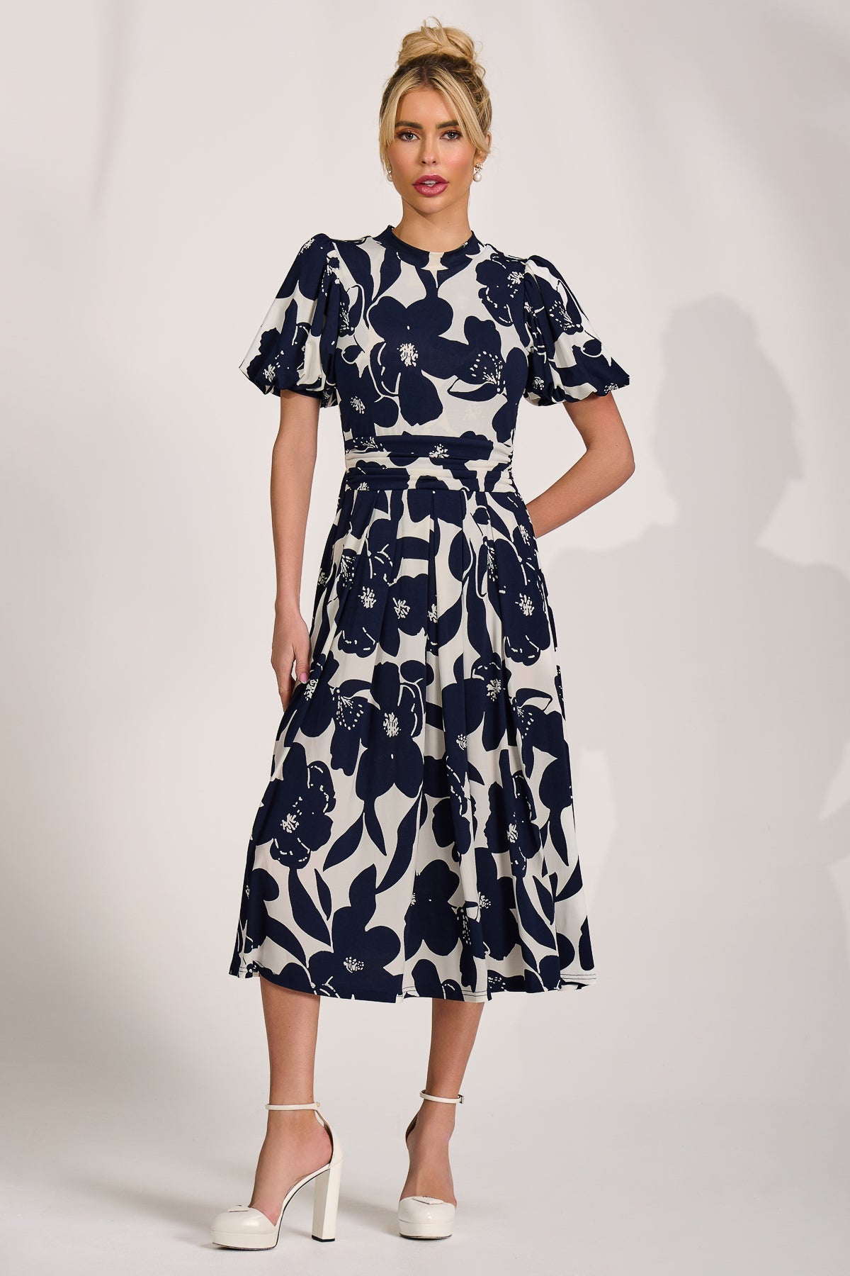 Turtle Neck Puff Sleeve Jersey Midi Dress cream floral Full Length View