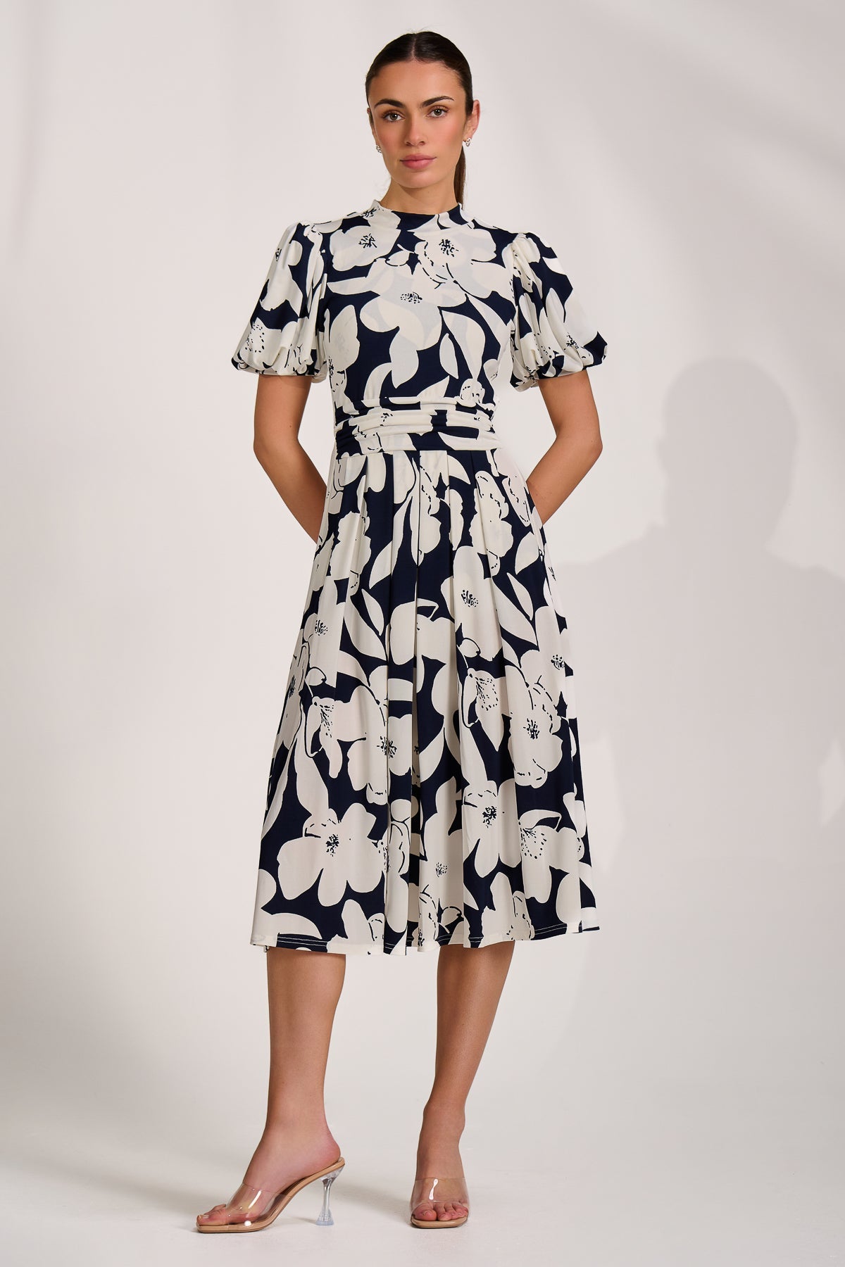 Turtle Neck Puff Sleeve Jersey Midi Dress Front View