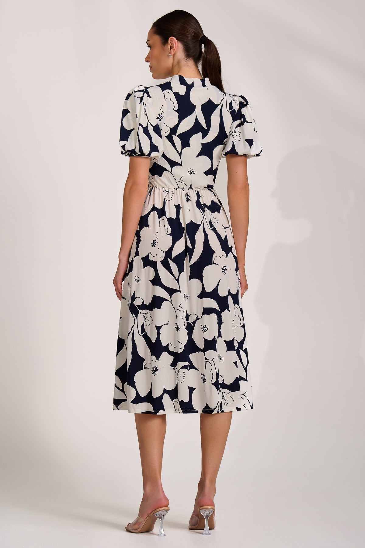 Turtle Neck Puff Sleeve Jersey Midi Dress Back View