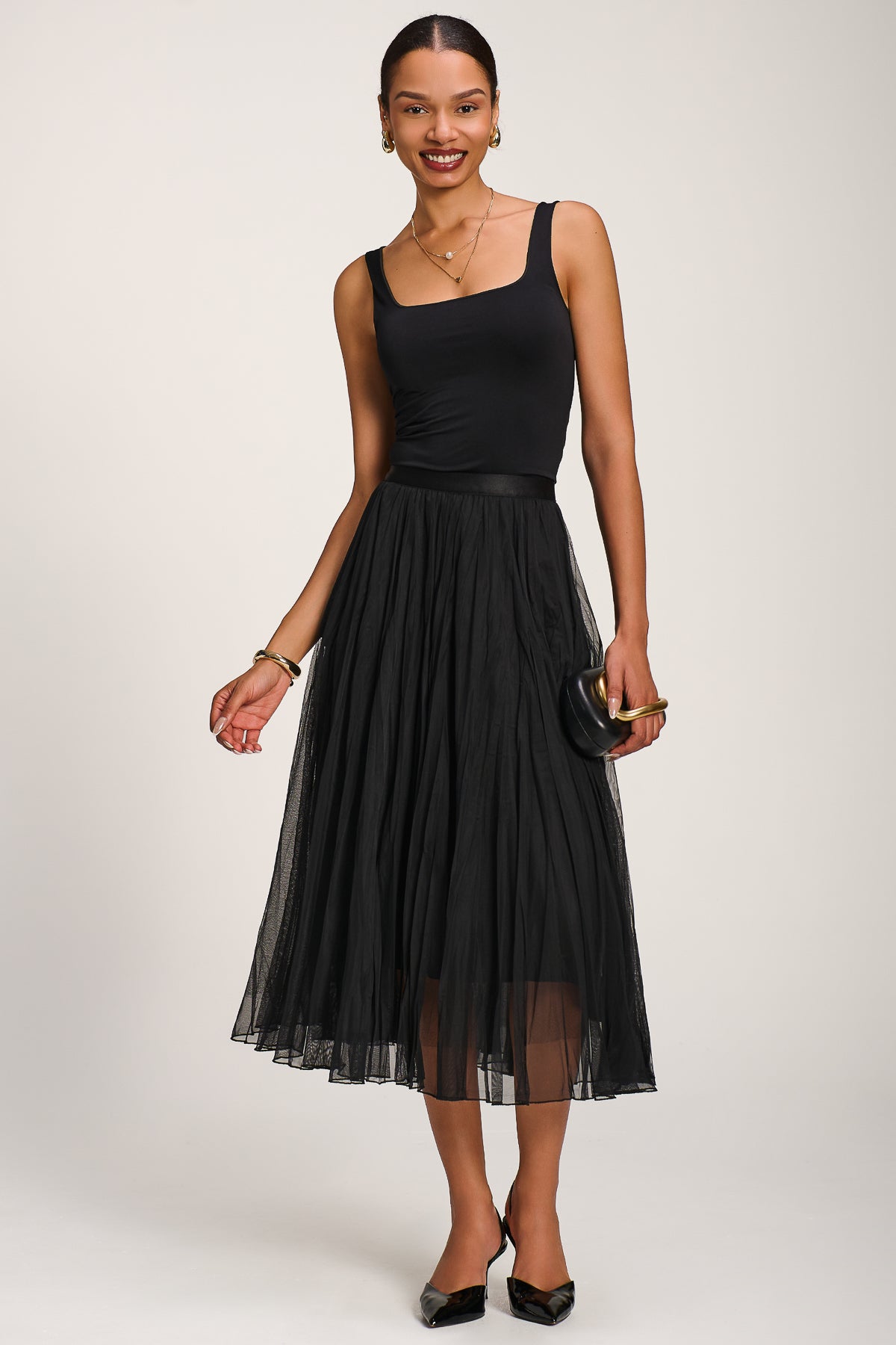 Plain Crinkle Mesh Midi Skirt Front View