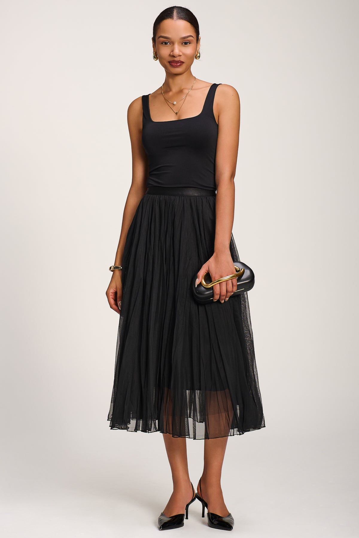 Plain Crinkle Mesh Midi Skirt Styled View