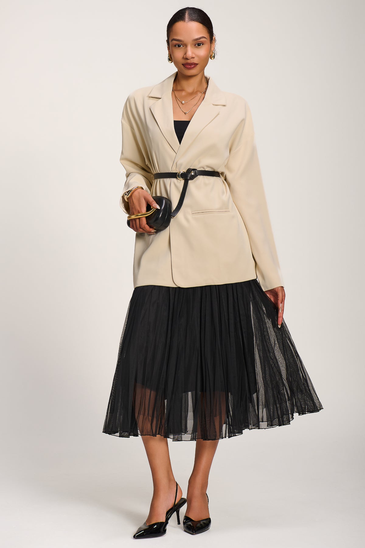 Plain Crinkle Mesh Midi Skirt Full Length View