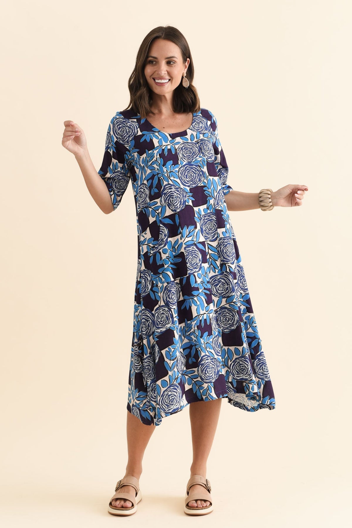 Hailee Navy Flower Linen Cotton Dress Front View 2