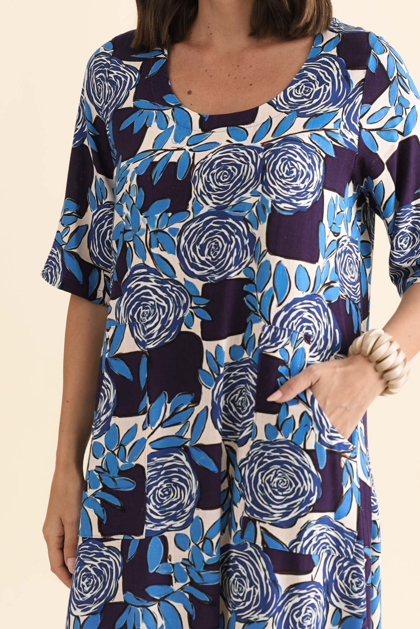 Hailee Navy Flower Linen Cotton Dress Detail View