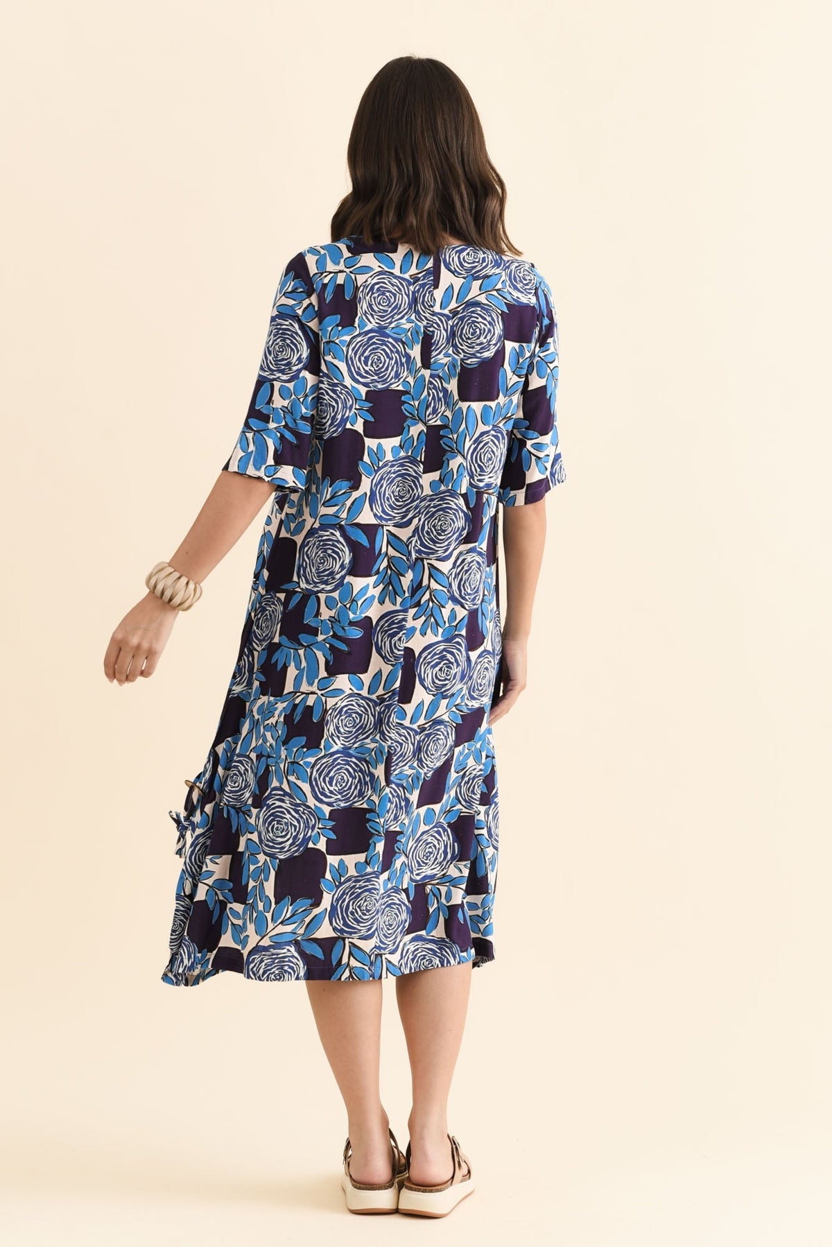 Hailee Navy Flower Linen Cotton Dress Side View