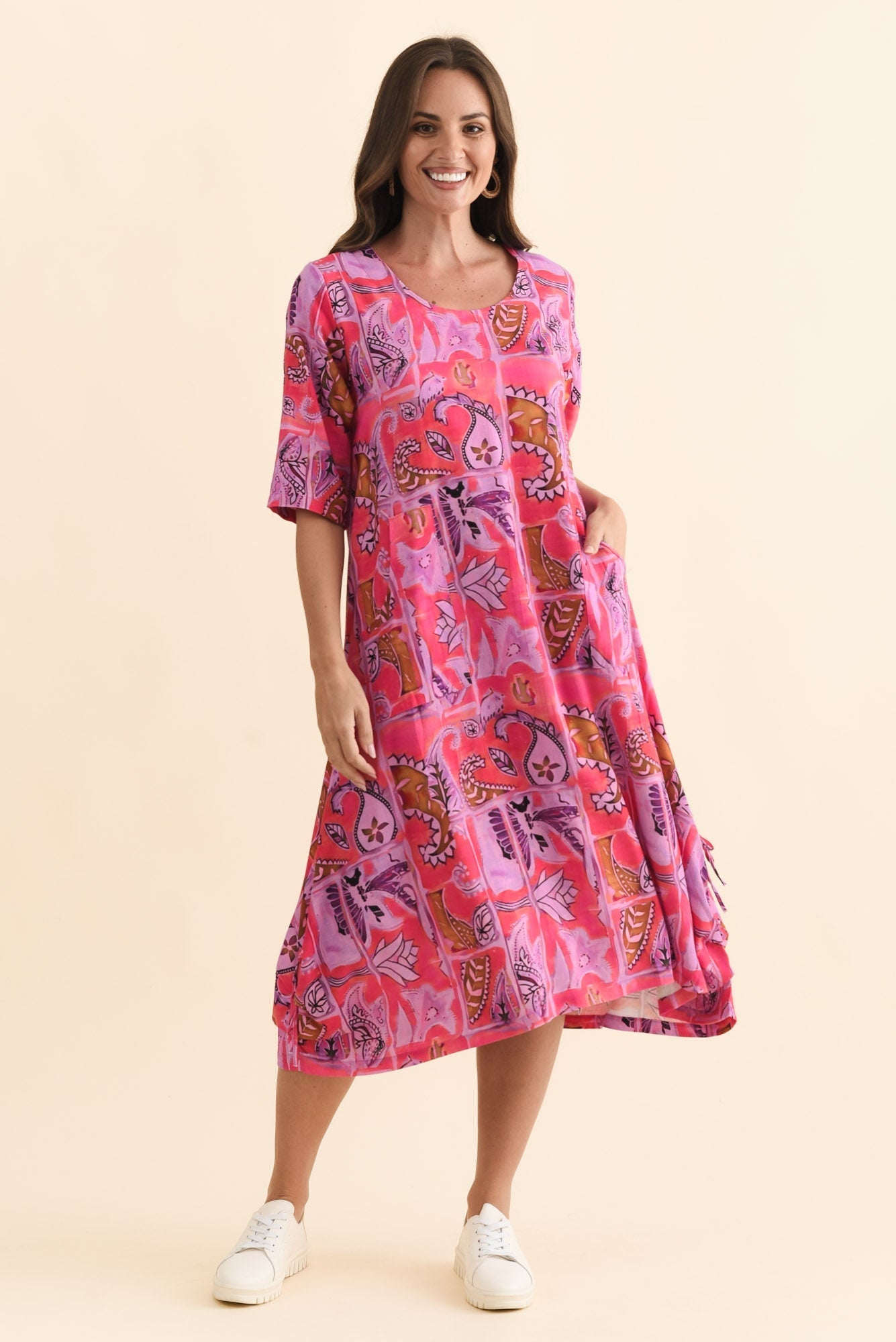 Hailee Pink Paisley Linen Cotton Dress Front View