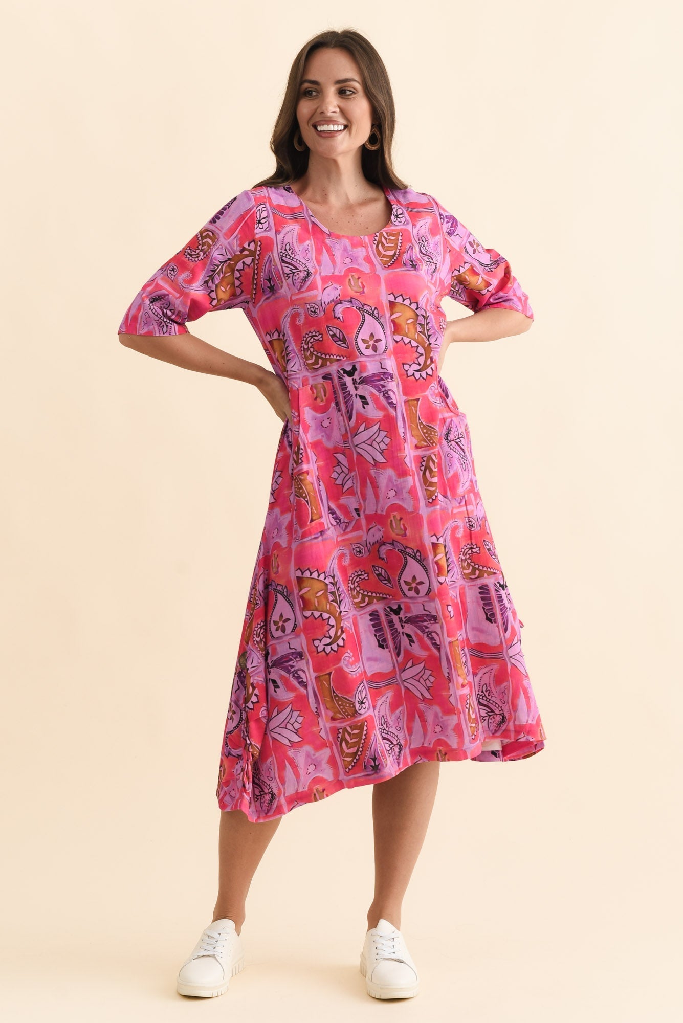 Hailee Pink Paisley Linen Cotton Dress Full Length View