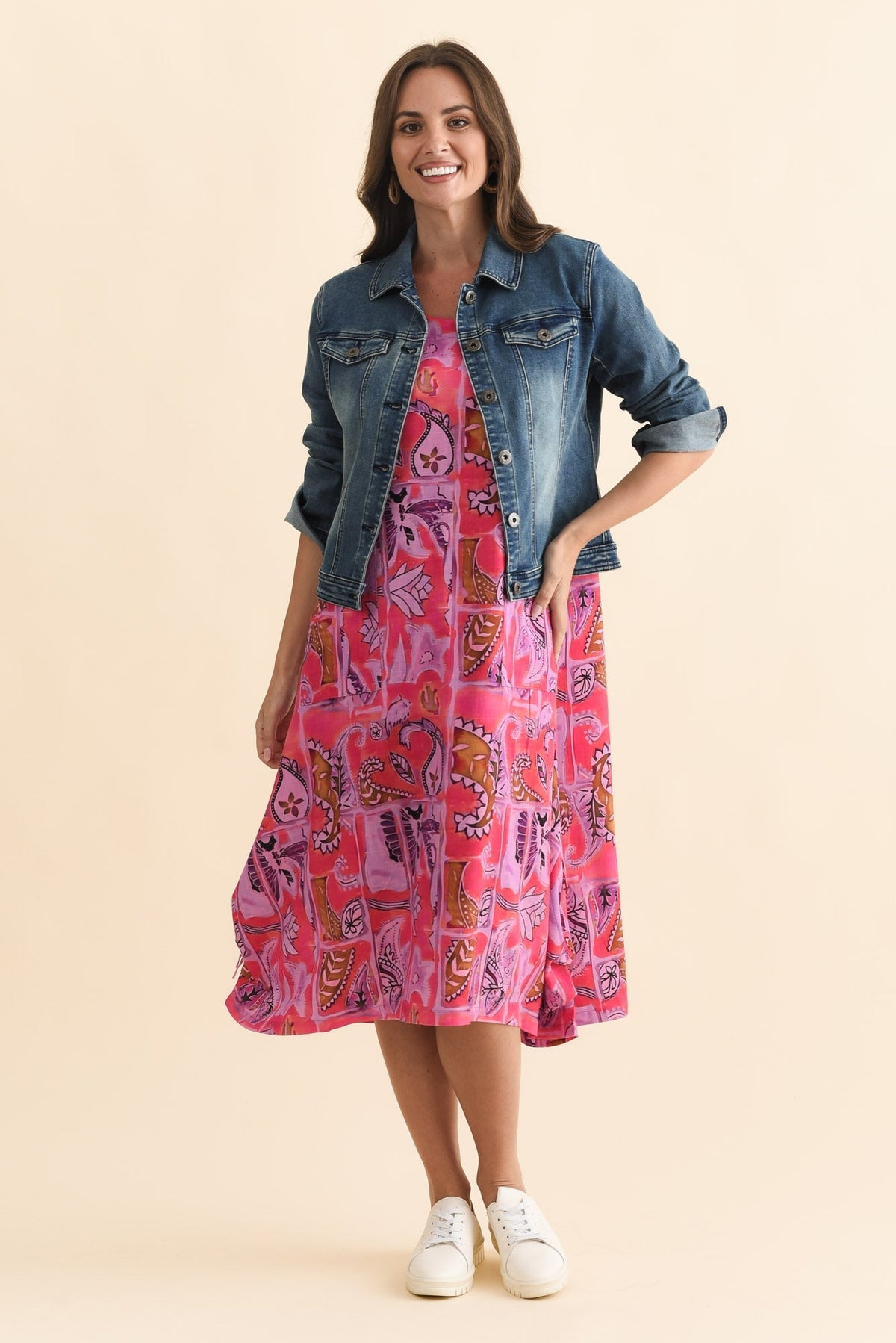 Hailee Pink Paisley Linen Cotton Dress Front View 2