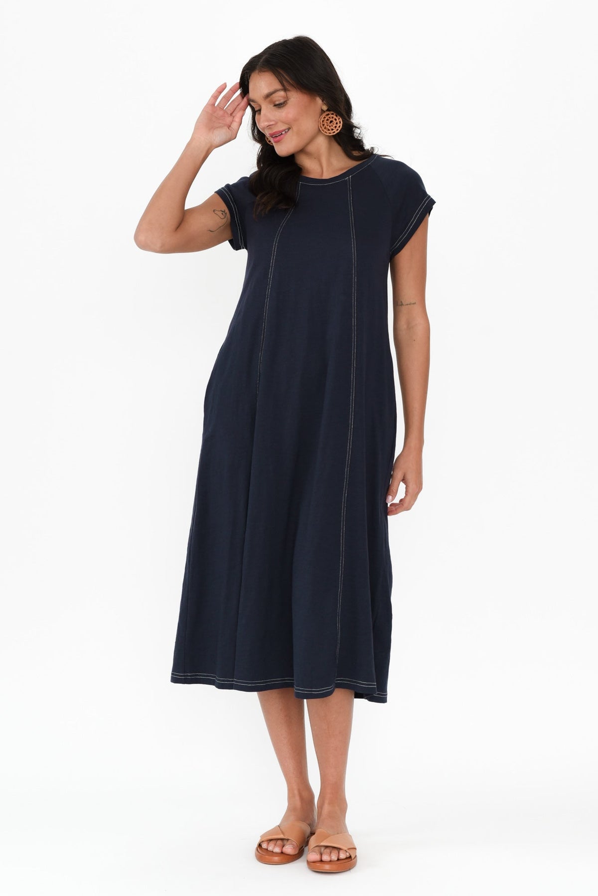 Haisley Navy Contrast Cotton Dress Full Length View