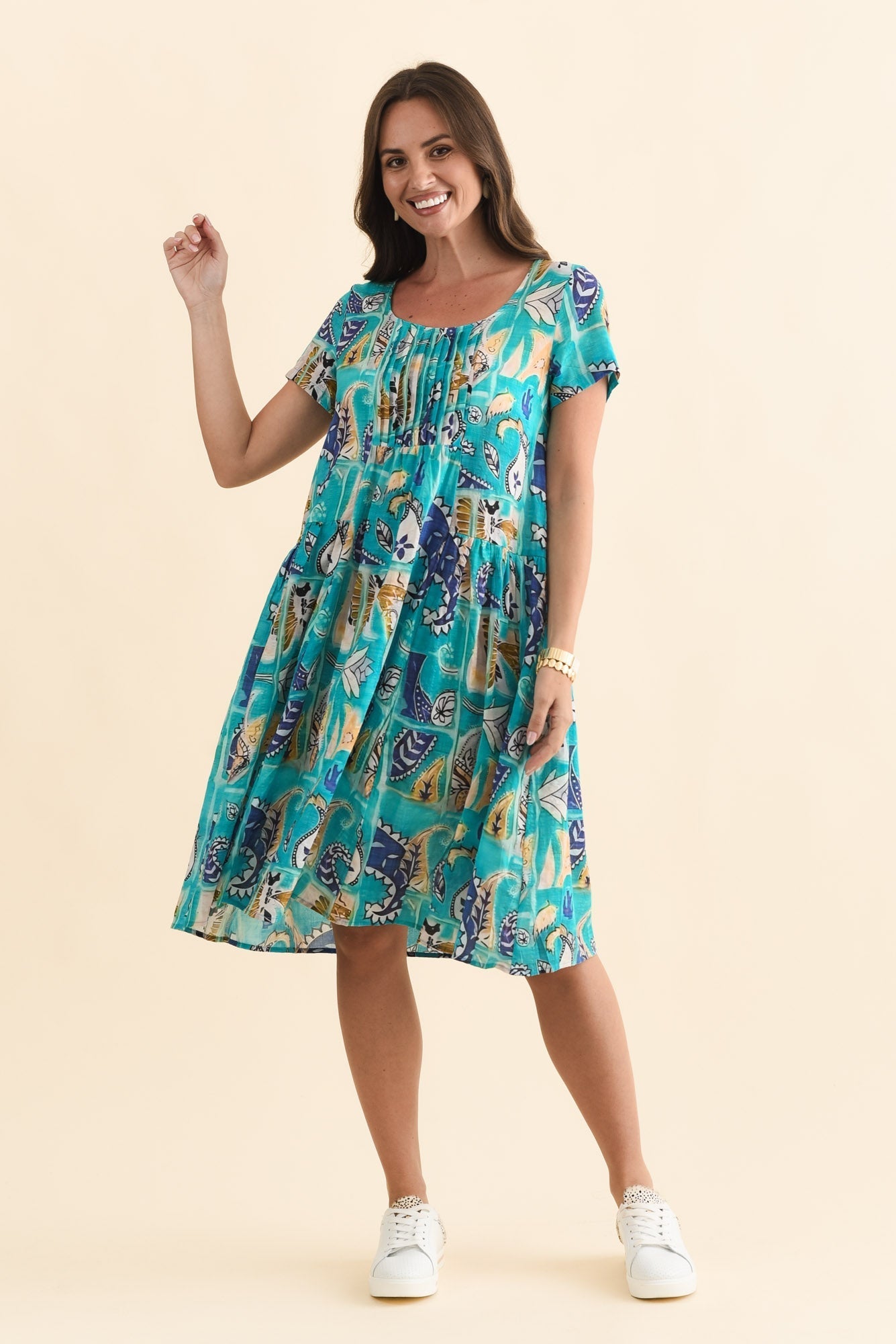 Hanoi Blue Paisley Cotton Blend Dress Full Length View