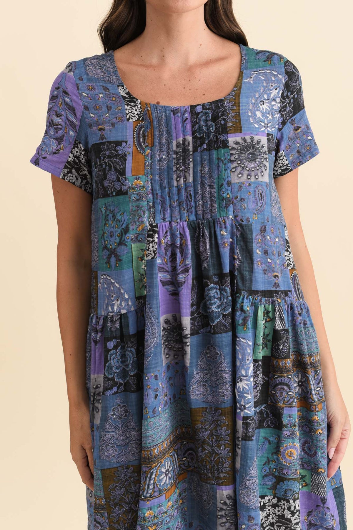 Hanoi Navy Mosaic Cotton Blend Dress Detail View