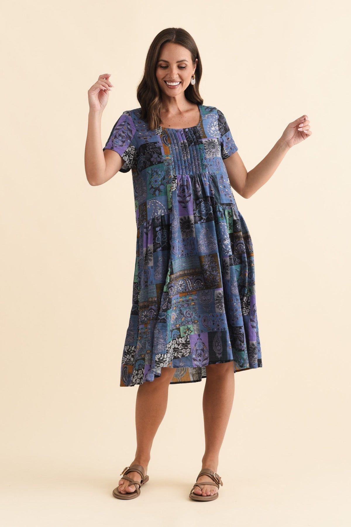 Hanoi Navy Mosaic Cotton Blend Dress Full Length View