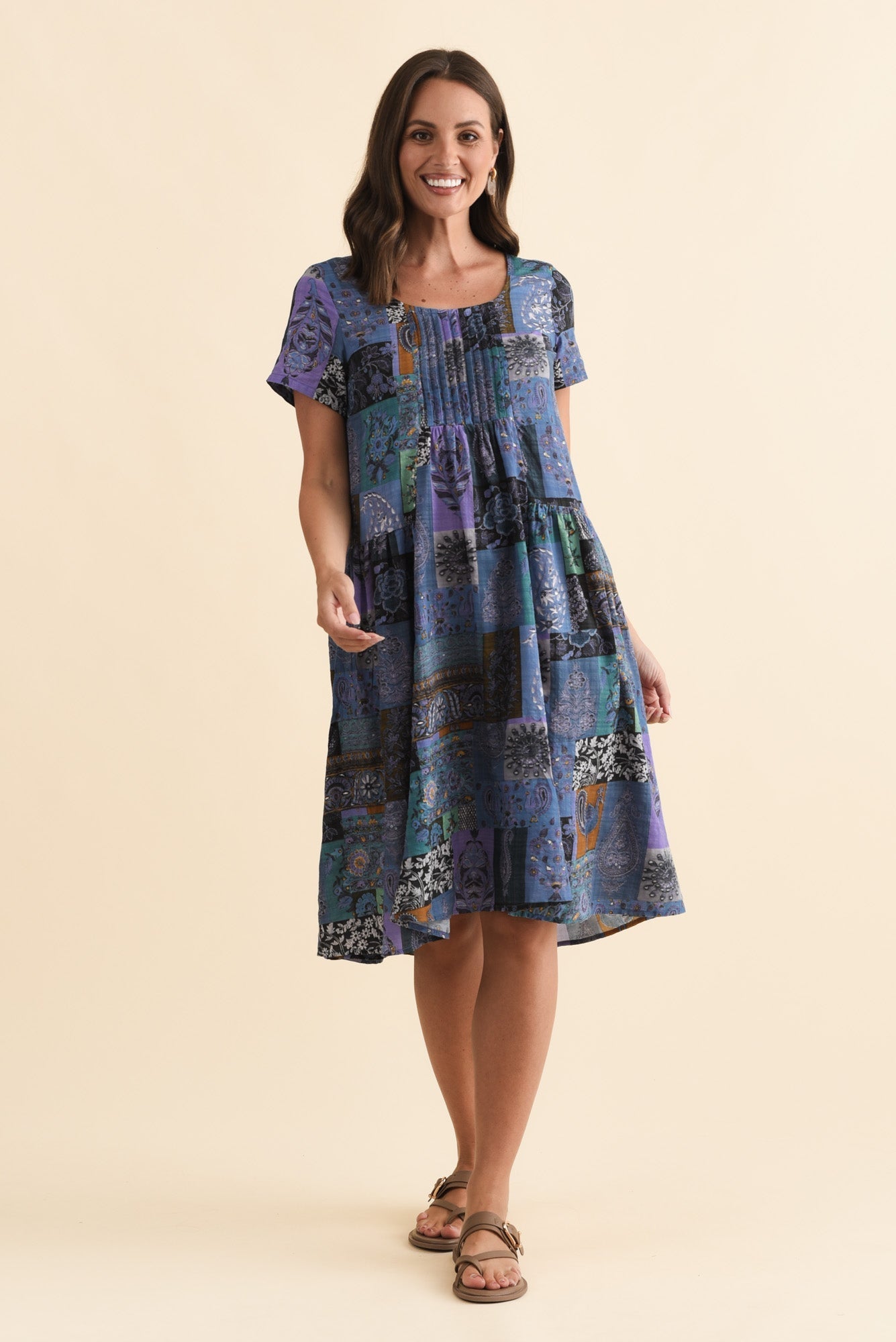 Hanoi Navy Mosaic Cotton Blend Dress Front View 2