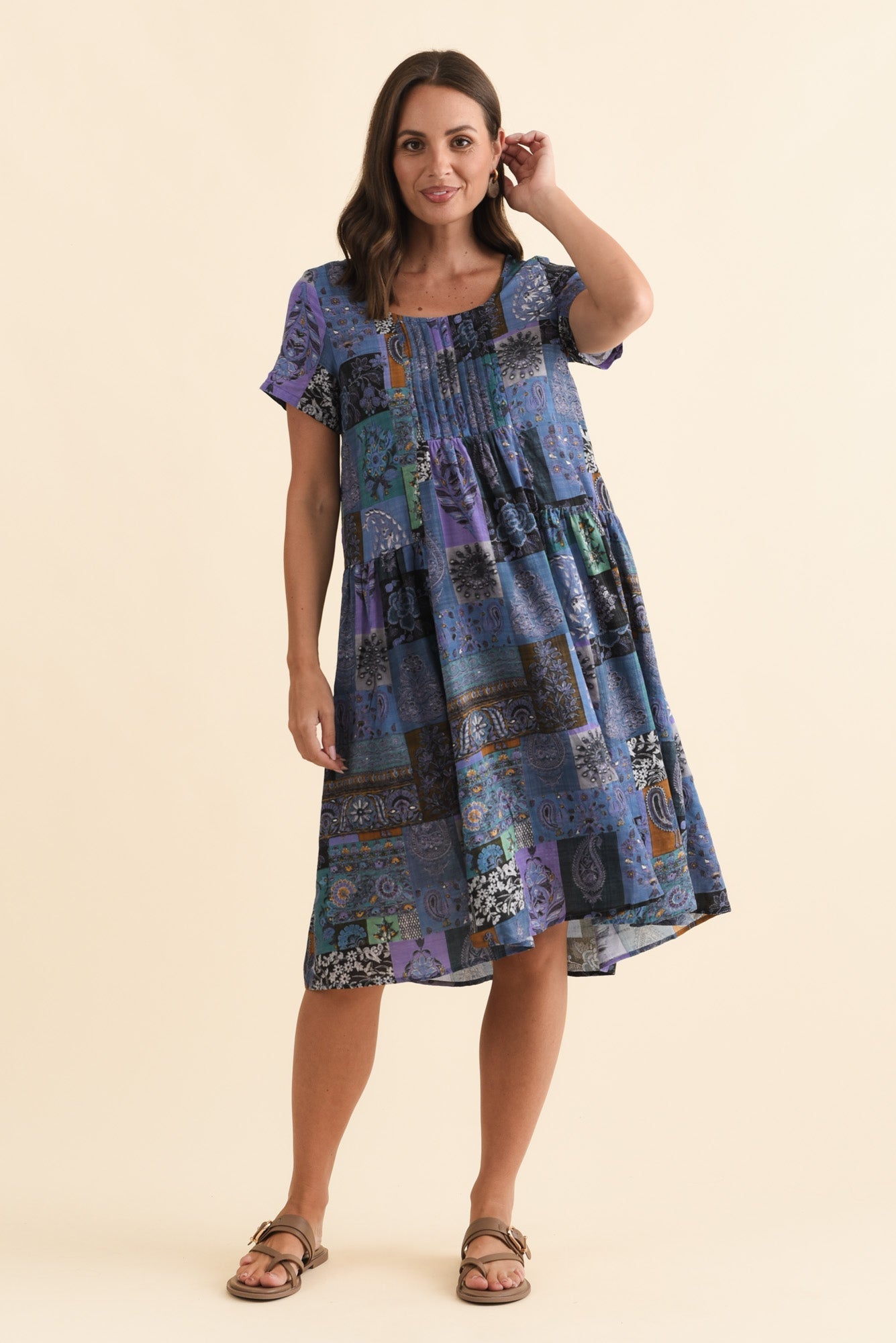 Hanoi Navy Mosaic Cotton Blend Dress Front View