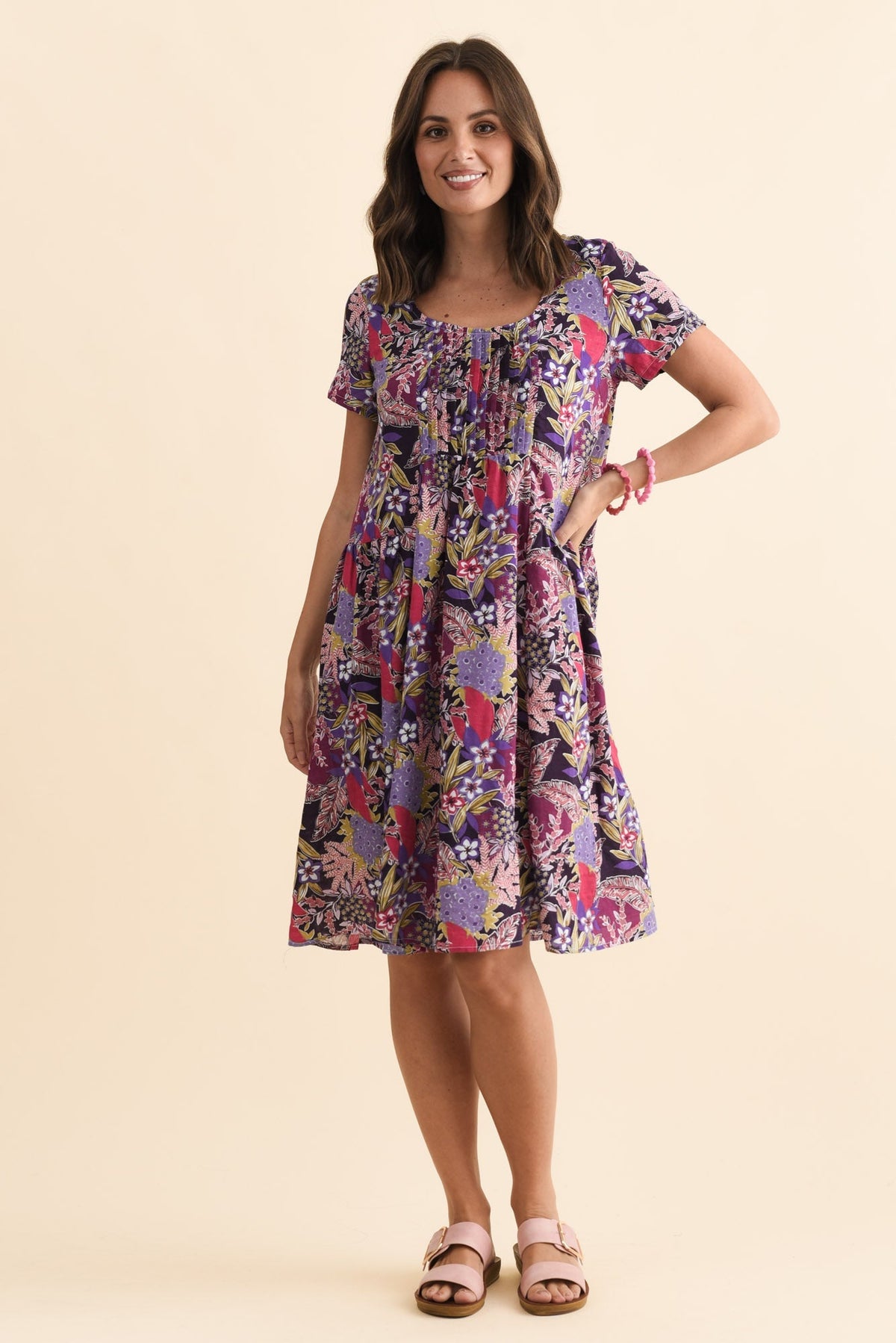 Hanoi Purple Garden Cotton Blend Dress Front View