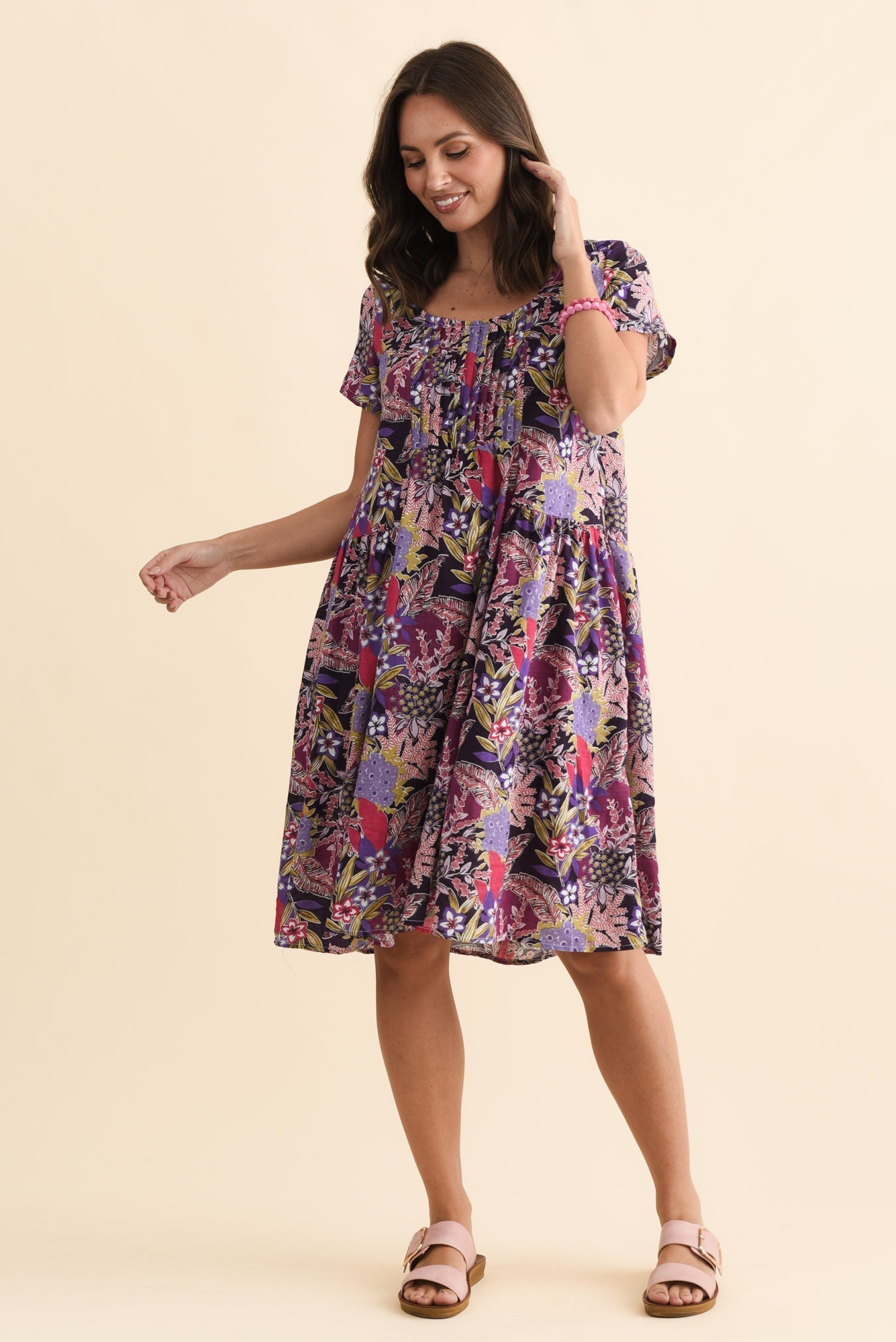 Hanoi Purple Garden Cotton Blend Dress Full Length View