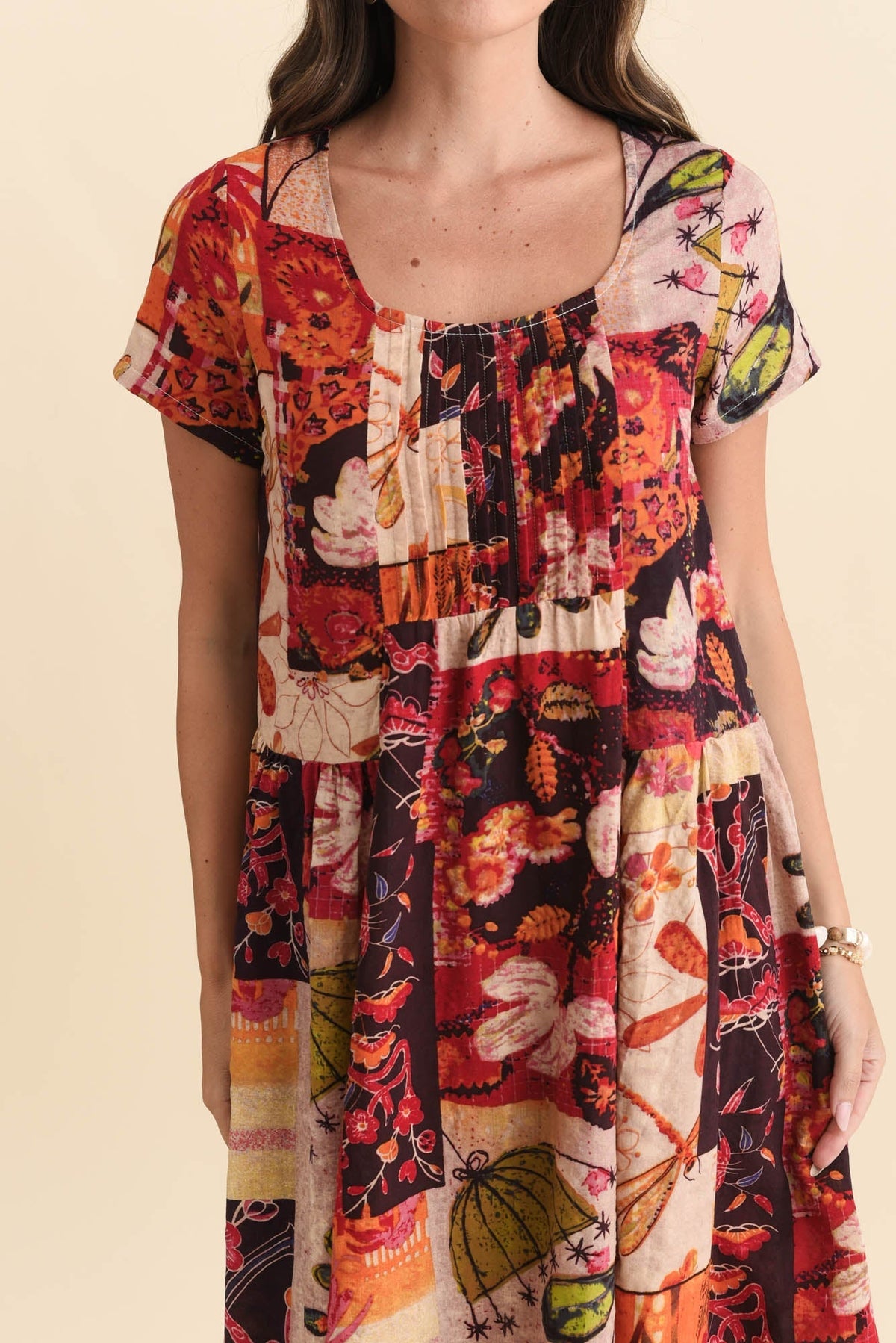 Hanoi Red Mosaic Cotton Blend Dress Detail View