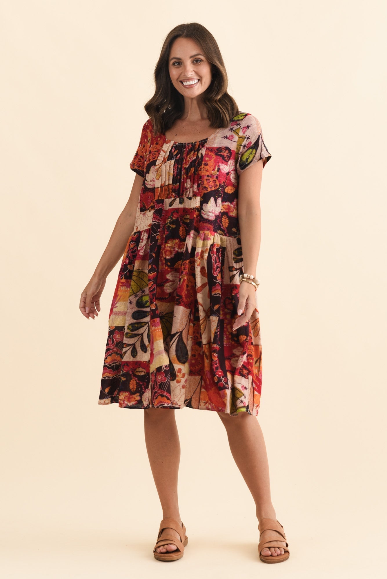 Hanoi Red Mosaic Cotton Blend Dress Front View 2