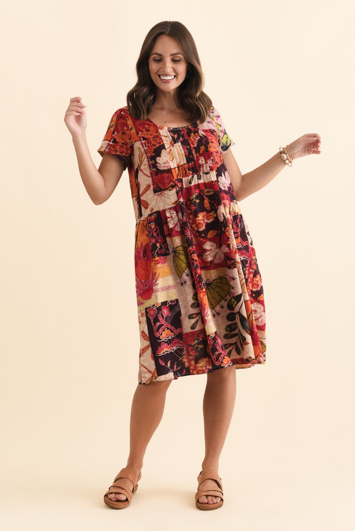 Hanoi Red Mosaic Cotton Blend Dress Full Length View