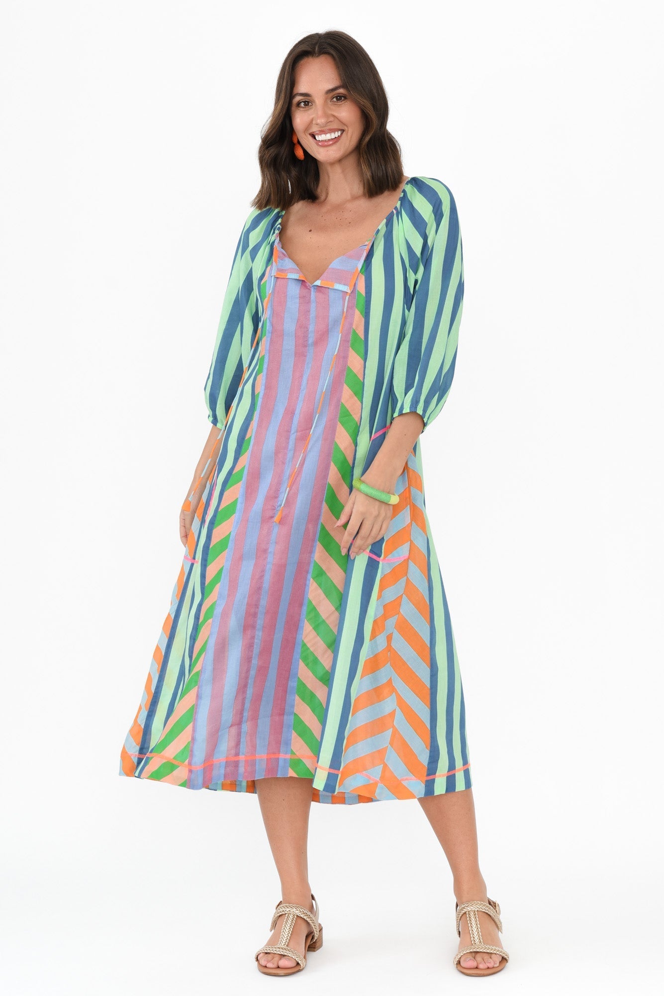 Hattie Blue Stripe Cotton Pocket Dress Front View 2