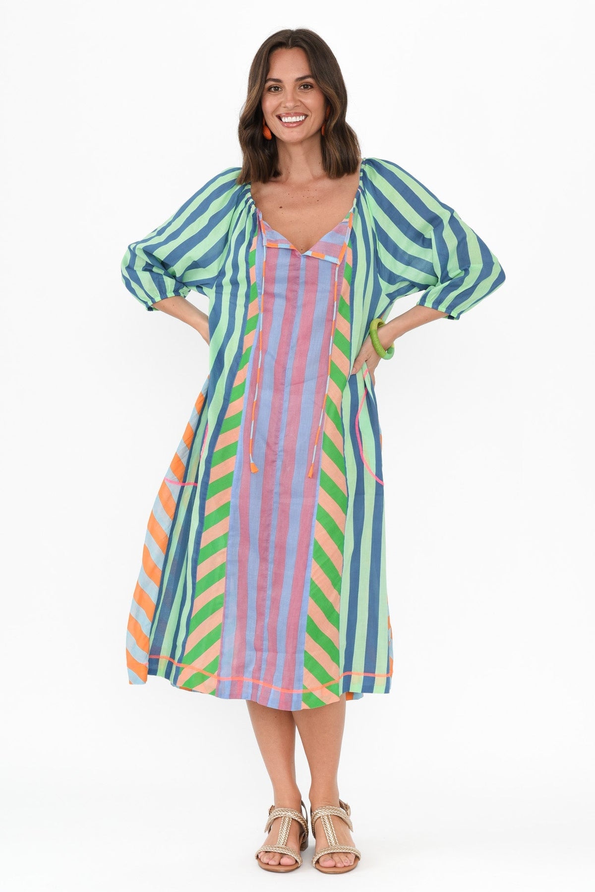 Hattie Blue Stripe Cotton Pocket Dress Full Length View