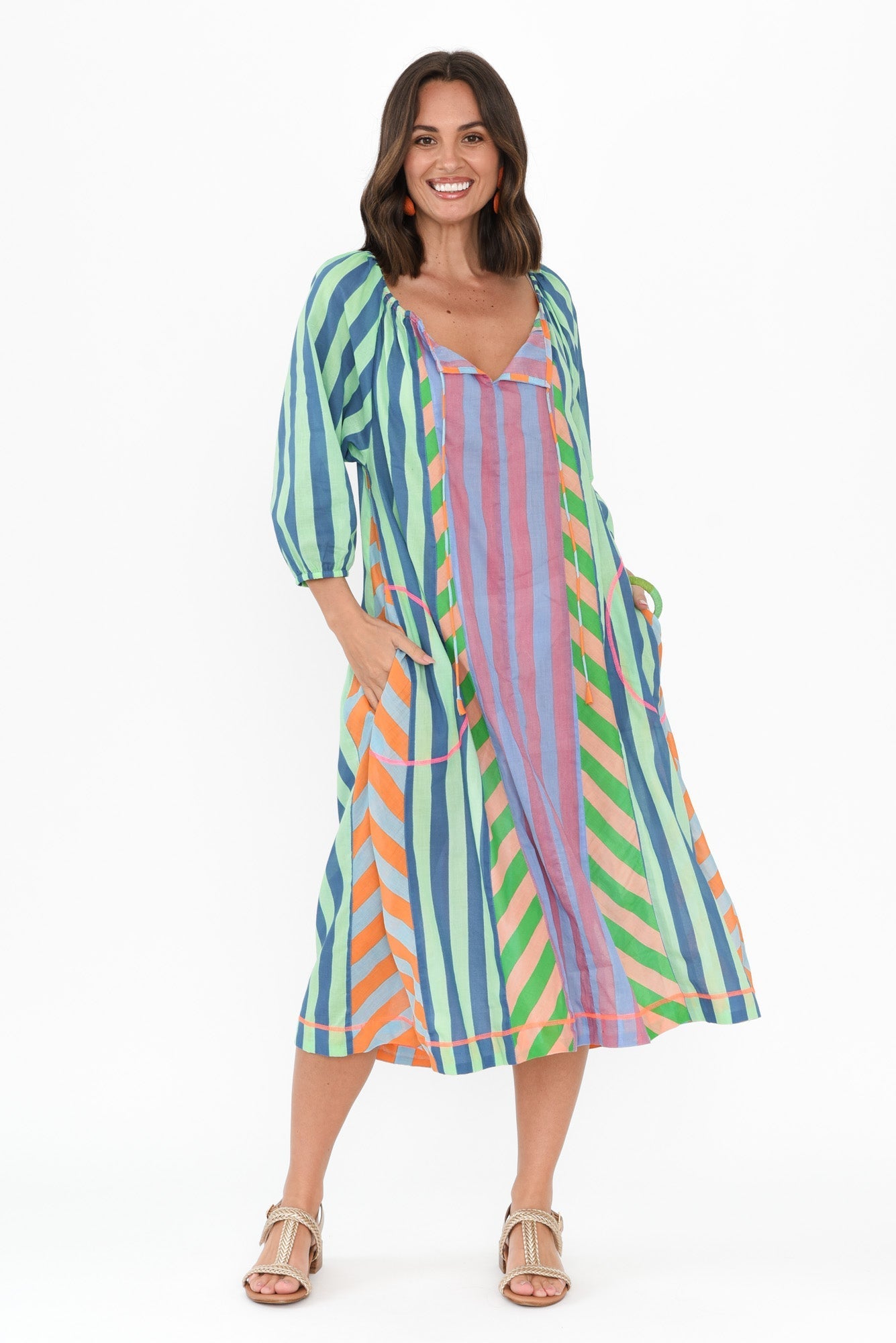 Hattie Blue Stripe Cotton Pocket Dress Front View