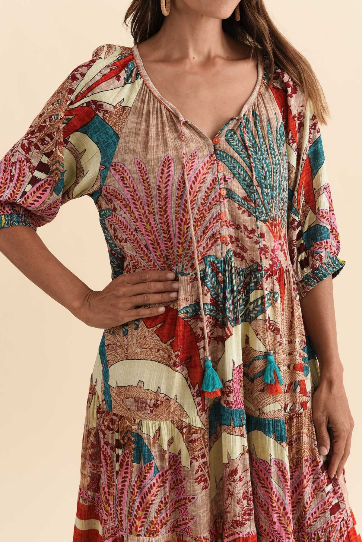 Hilaria Red Tropical Sleeved Dress Detail View