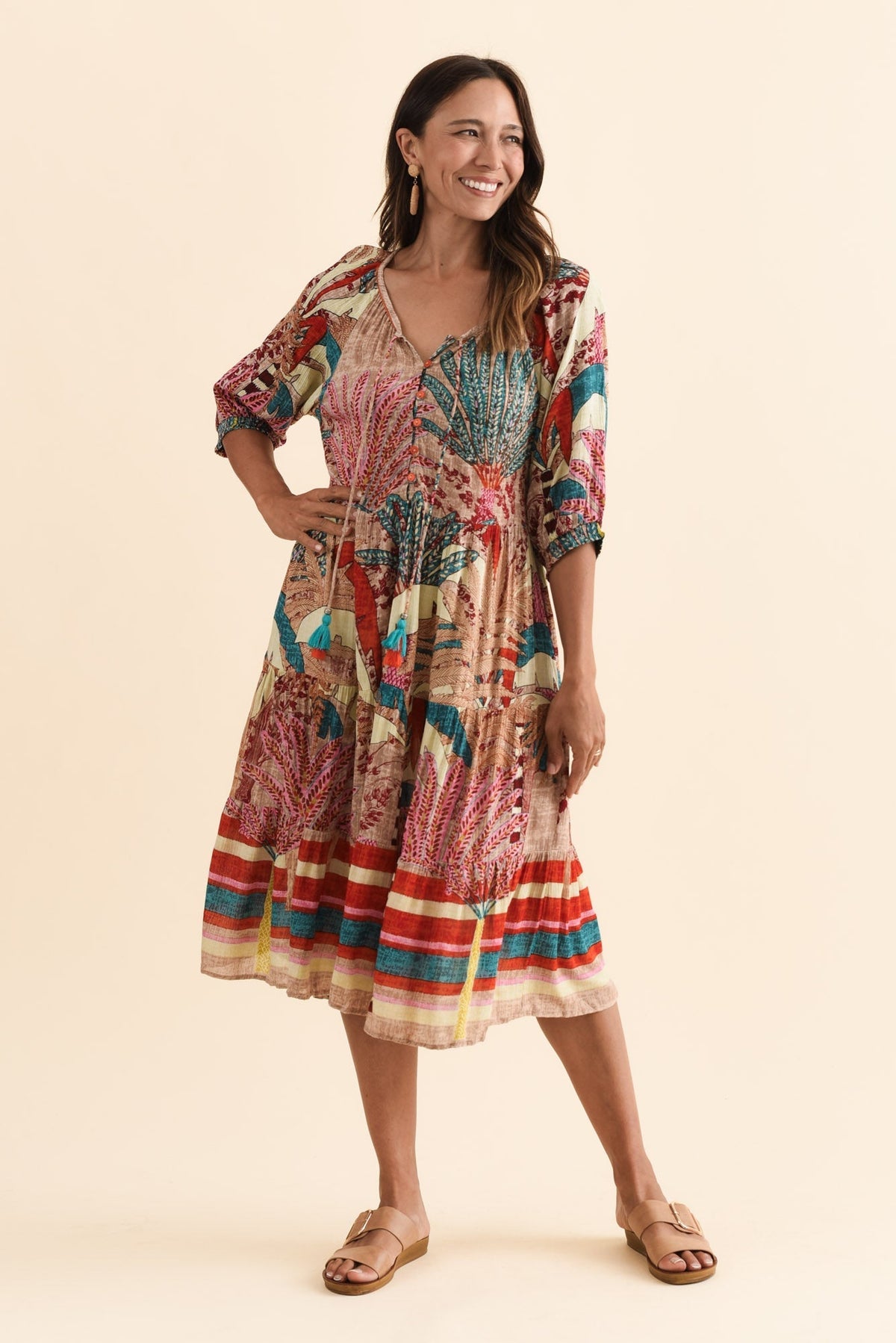 Hilaria Red Tropical Sleeved Dress Front View 2