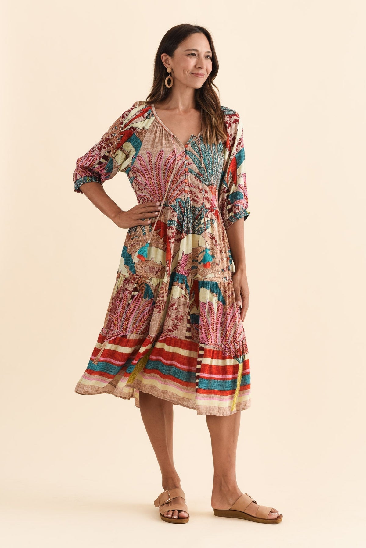 Hilaria Red Tropical Sleeved Dress Back View