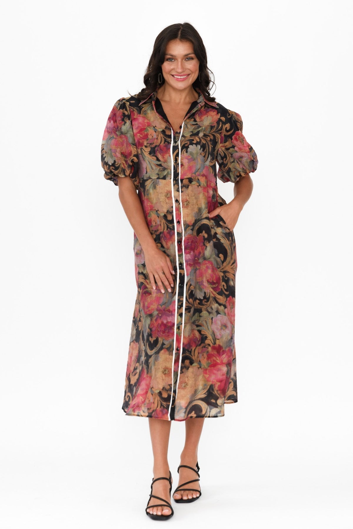 Hilma Black Floral Cotton Blend Tie Dress Back View 2