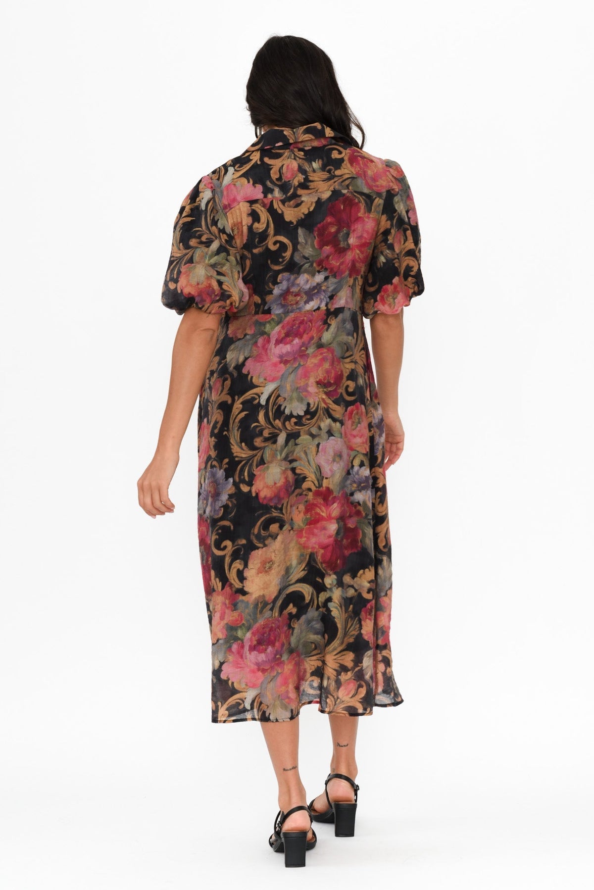 Hilma Black Floral Cotton Blend Tie Dress Detail View
