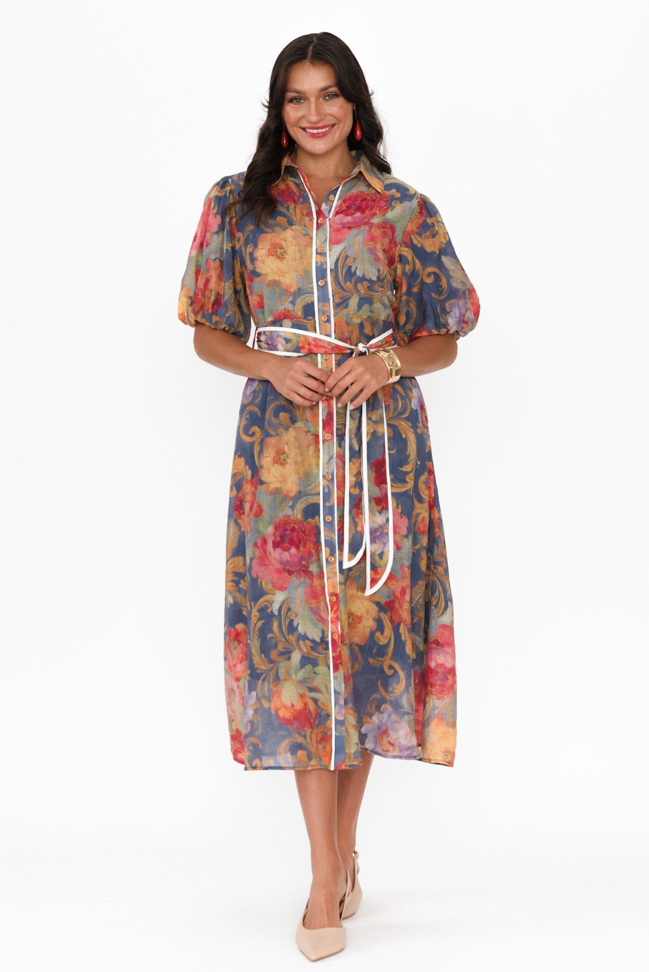 Hilma Blue Floral Cotton Blend Tie Dress Front View 2