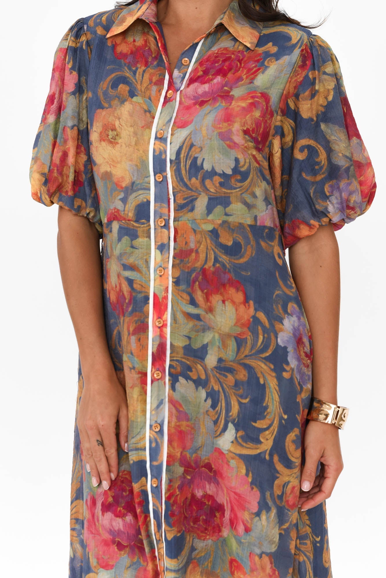 Hilma Blue Floral Cotton Blend Tie Dress Detail View