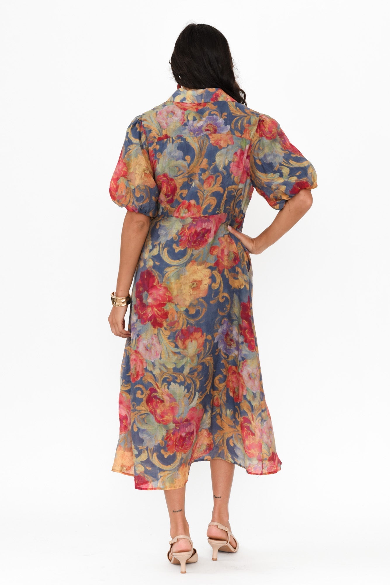 Hilma Blue Floral Cotton Blend Tie Dress Side View