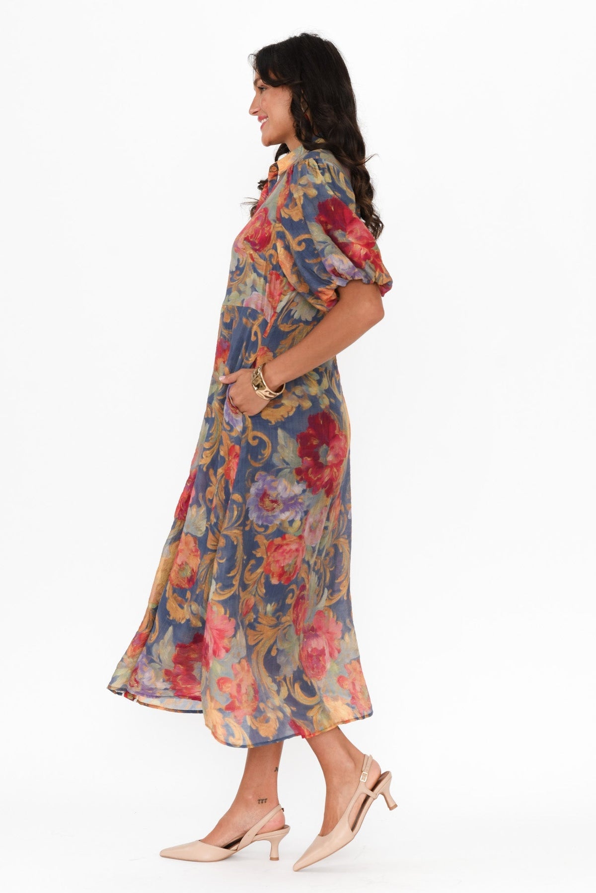 Hilma Blue Floral Cotton Blend Tie Dress Back View