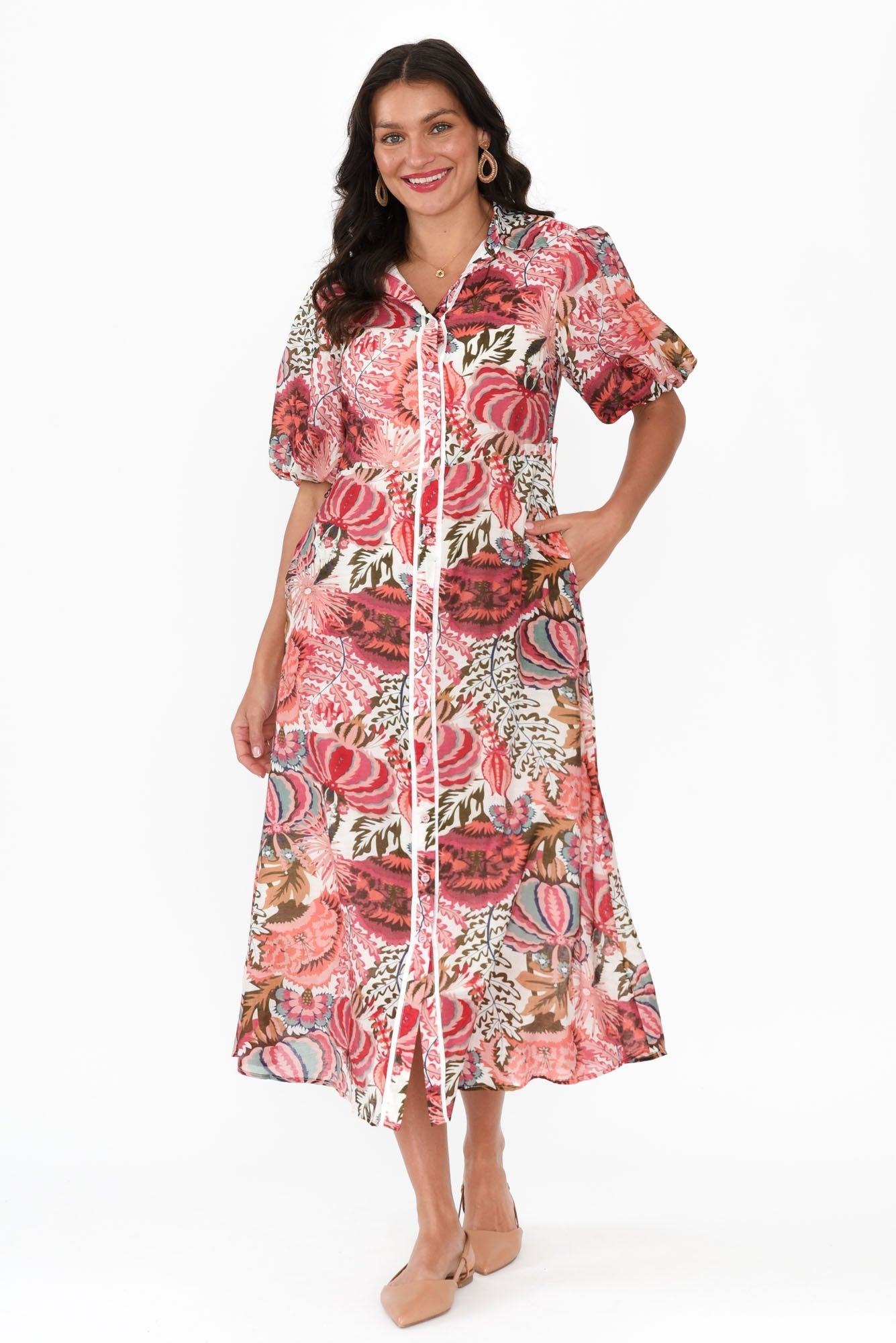 Hilma Pink Floral Cotton Blend Tie Dress Front View