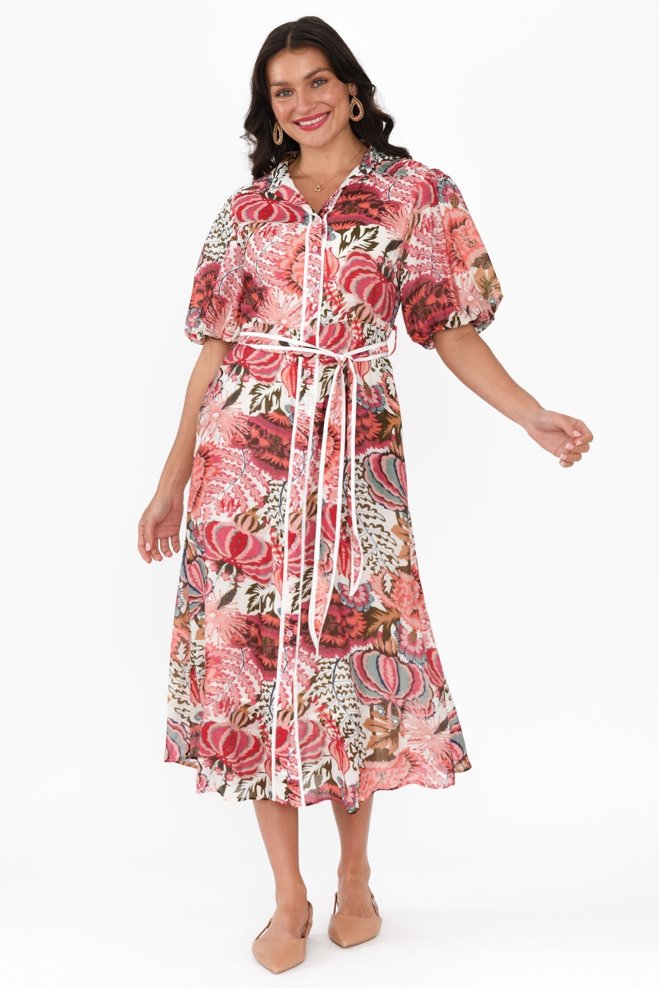 Hilma Pink Floral Cotton Blend Tie Dress Front View 2