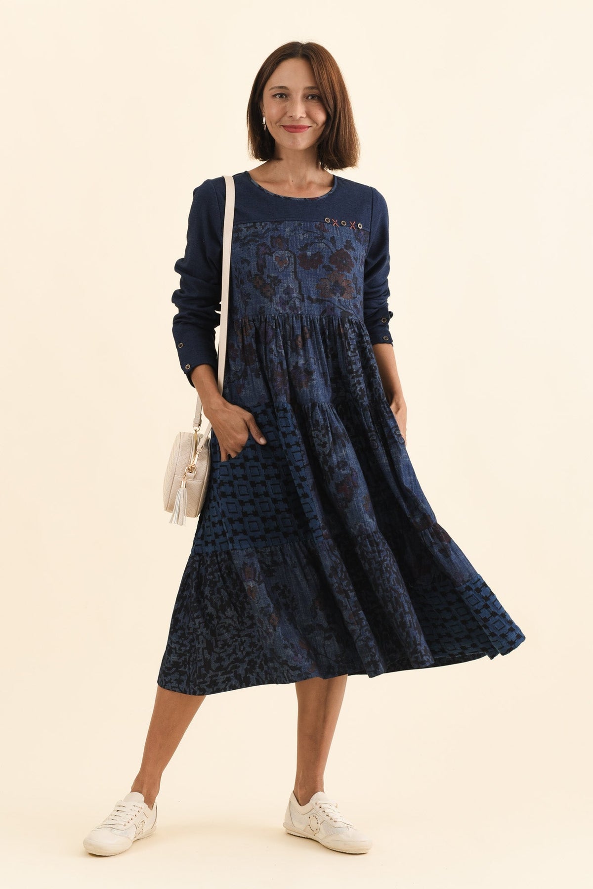 Horai Navy Patchwork Cotton Dress Front View 2