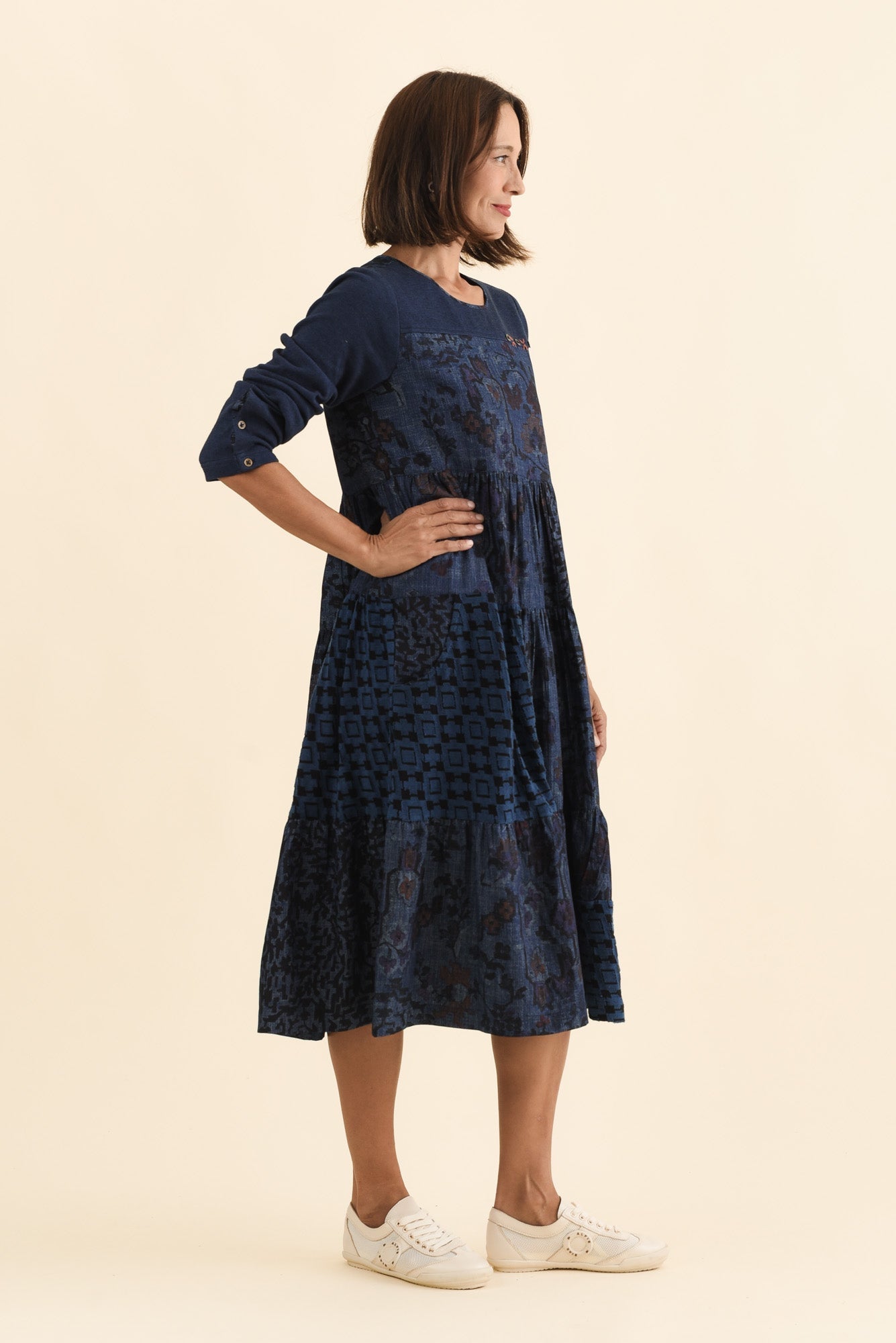 Horai Navy Patchwork Cotton Dress Back View