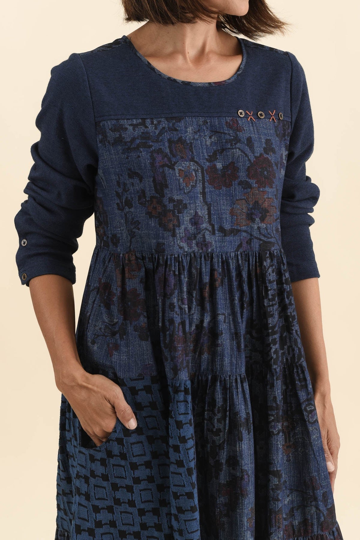 Horai Navy Patchwork Cotton Dress Detail View