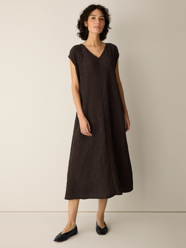 Elara | Pleated V-Neck Midi Dress Chocolate Brown