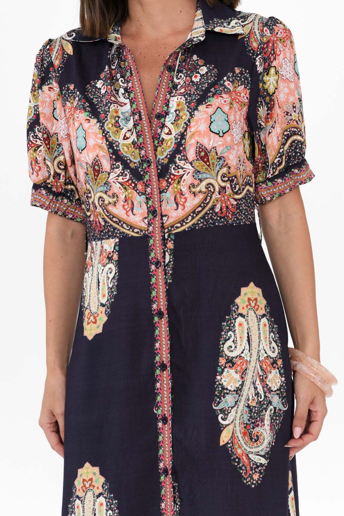 Ingrid Navy Mosaic Linen Cotton Dress Detail View