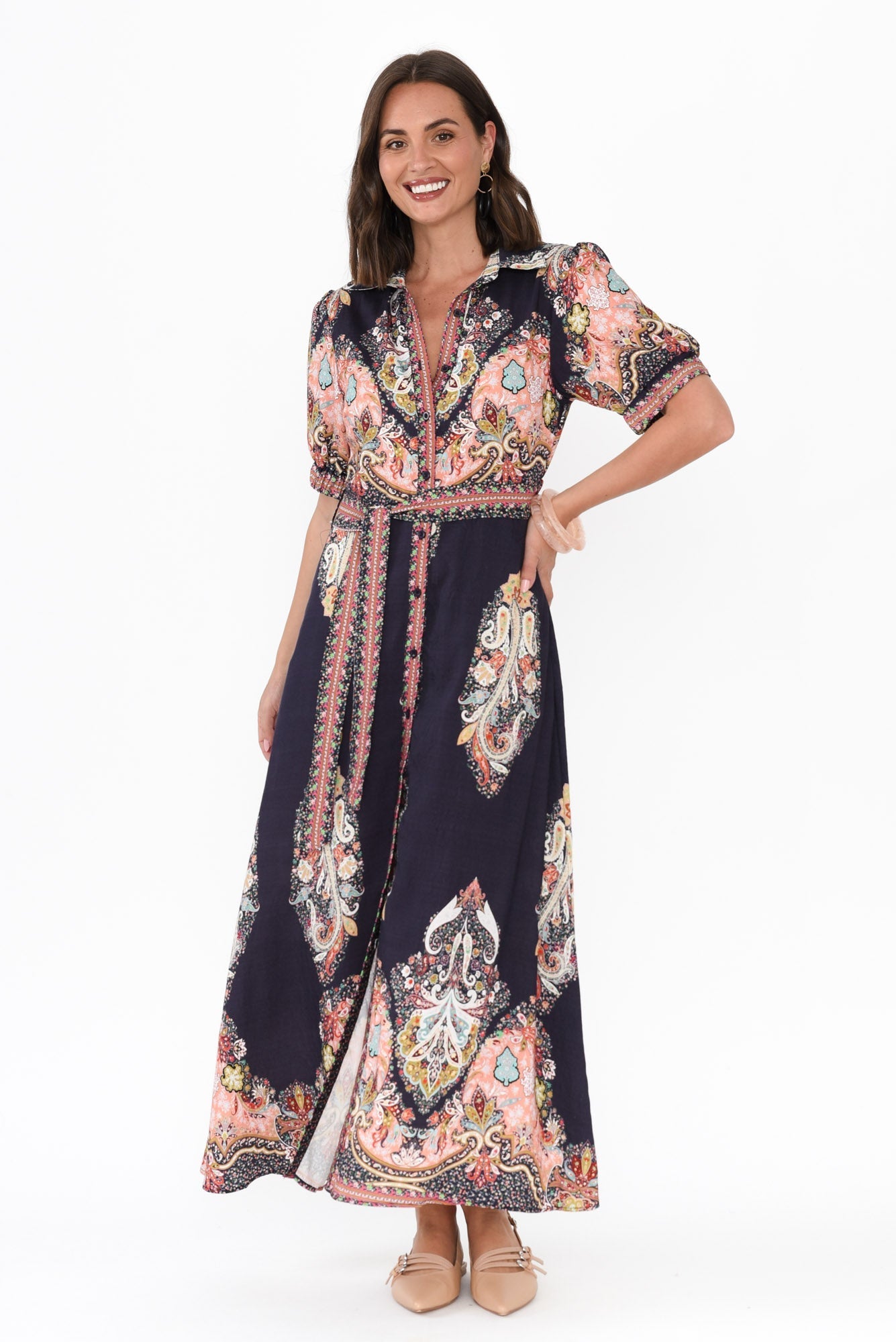 Ingrid Navy Mosaic Linen Cotton Dress Front View 2