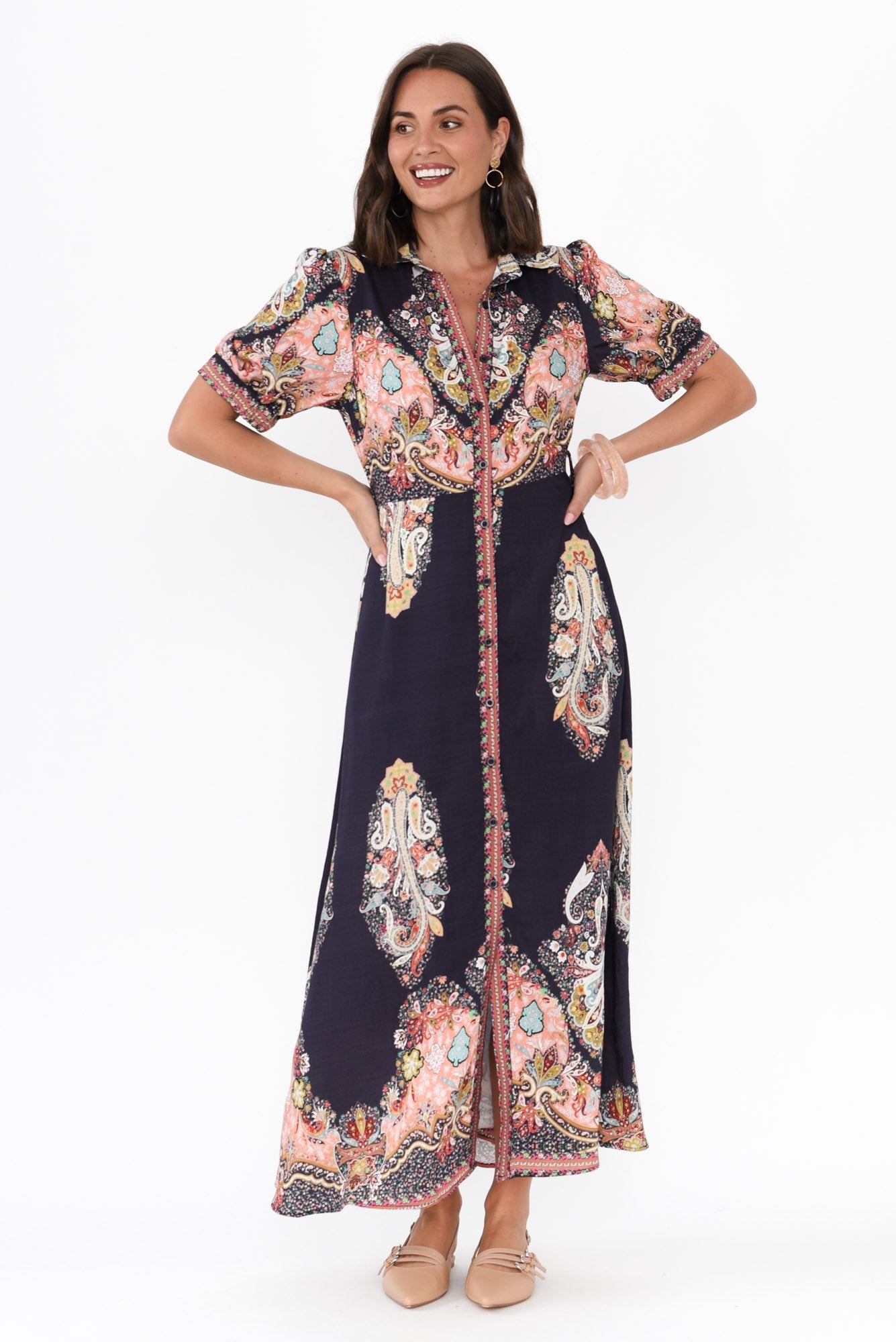 Ingrid Navy Mosaic Linen Cotton Dress Front View