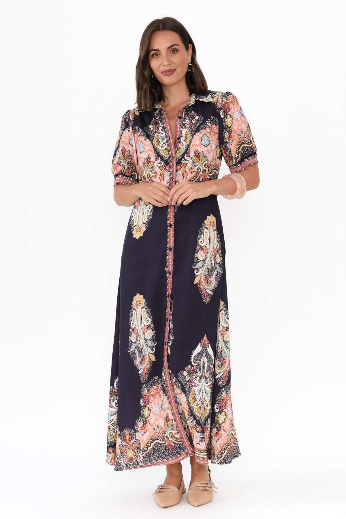 Ingrid Navy Mosaic Linen Cotton Dress Full Length View