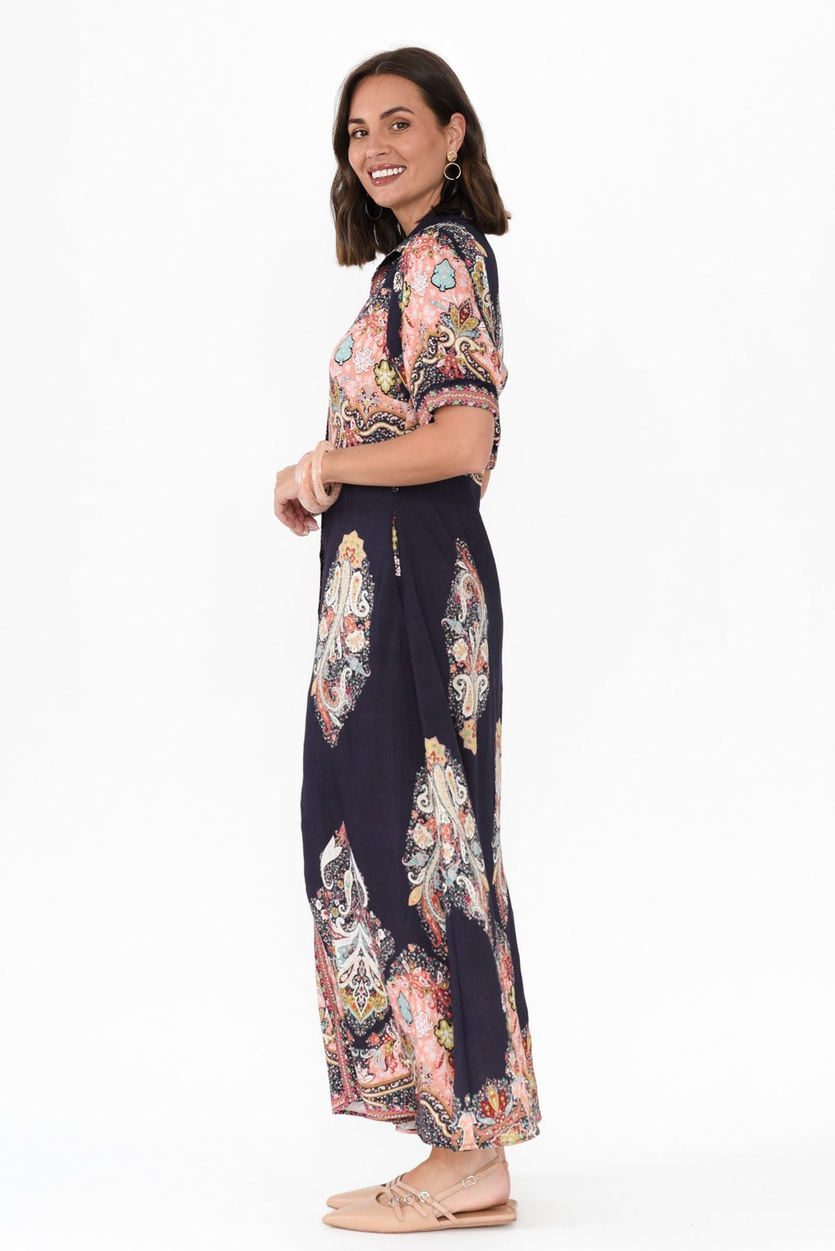 Ingrid Navy Mosaic Linen Cotton Dress Back View