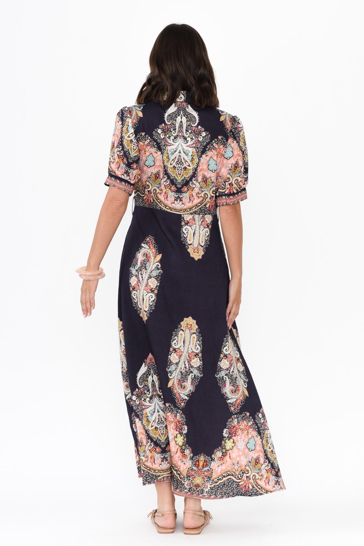 Ingrid Navy Mosaic Linen Cotton Dress Side View