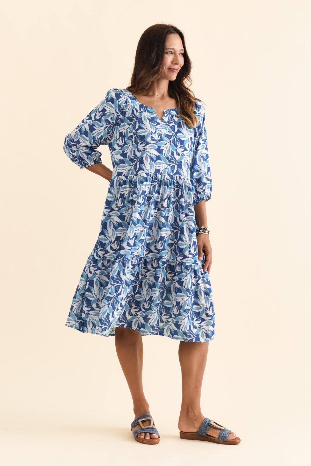 Irene Blue Leaf Cotton Blend Dress Back View