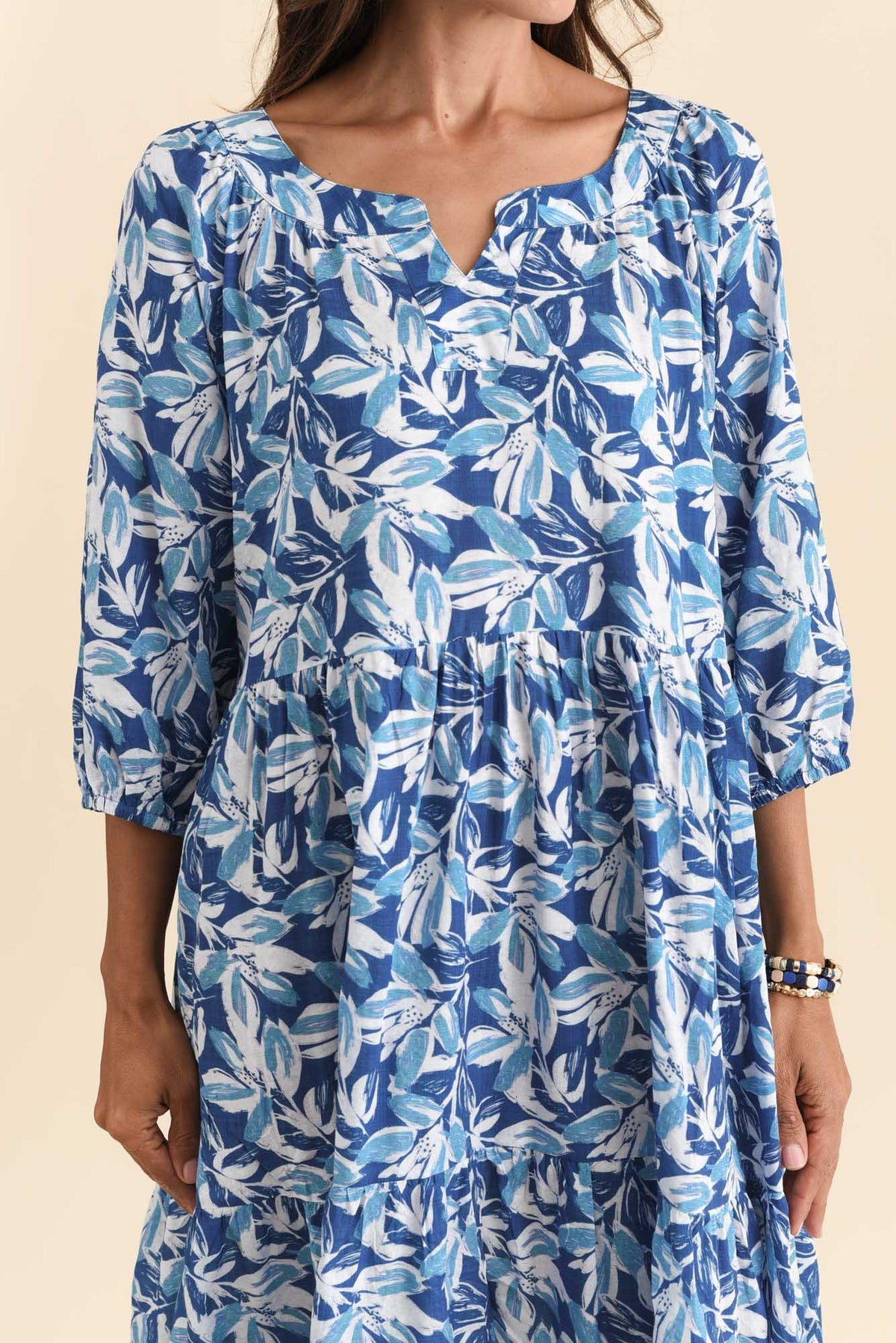 Irene Blue Leaf Cotton Blend Dress Detail View